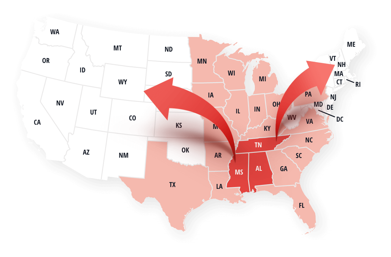 Map of united states showing the lanes MVL covers